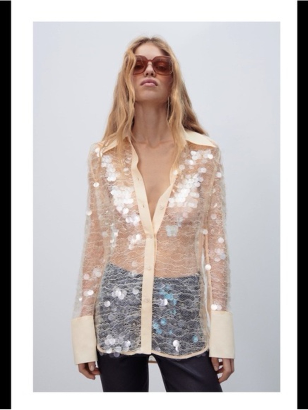 Zara Sheer Sequin Button-Down Shirt in Nude